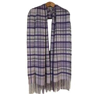 100% Cashmere Large Scarf Wrap 72x24‎ Lavender Grey Ivory Plaid w/ Fringe